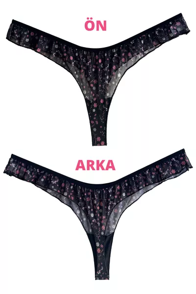 Black Floral Mesh Ruffled Edge Thong Panty