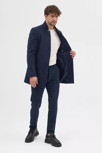 Cappotto da uomo slim fit blu scuro con collo alto in lana
