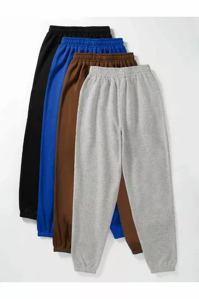 Pantaloni Jogger Basic 4 pezzi - Nero, Blu Sax, Marrone, Grigio con polsini elastici e vita alta