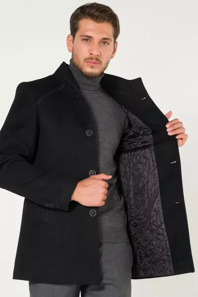 Heren Slim Fit Winterjas met Standaardkraag Zwart
