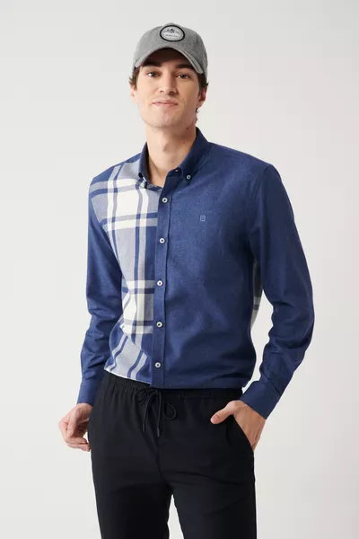 Erkek Lacivert Ekoseli Flanel Oduncu Gömlek 