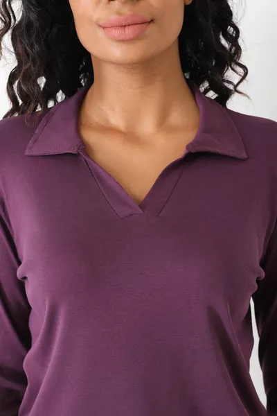 Curve Plus Size Cotton Stretch V-Neck Basic Plain Long Sleeve Purple Blouse