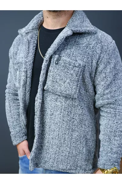 سترة شتوية رمادية من المخمل مع صدر من الجلد وأزرار ووسم