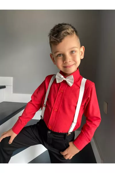 Completo da Ragazzo con Camicia Rossa a Maniche Lunghe, Bretelle e Papillon