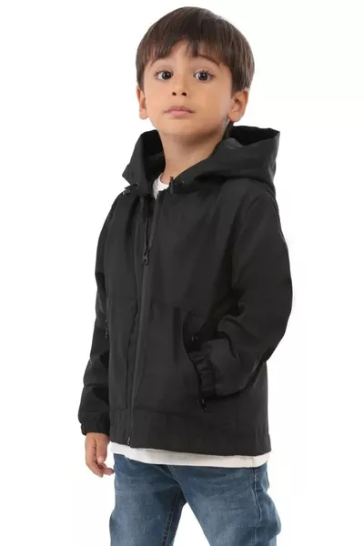Impermeabile da bambino con cappuccio, doppia cerniera, foderato nero, resistente all'acqua e al vento