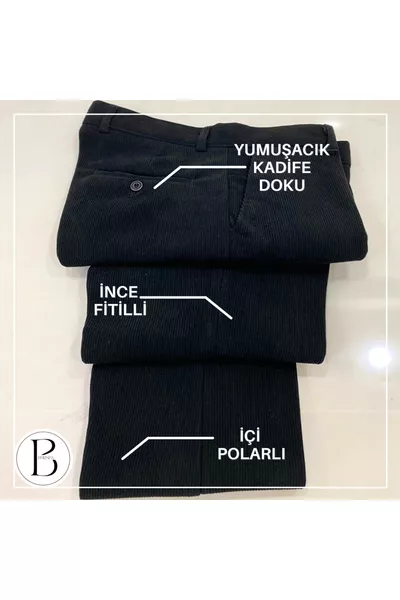 Comfort Fit Winter Black Men's Corduroy Pants with Fleece Lining