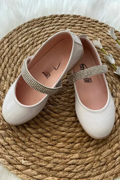 باليه مسطح للفتيات أبيض مع أشرطة حجرية