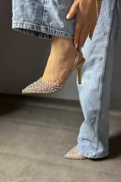 Lunes Beige Satin Pearl Stone Détail Femme Talons