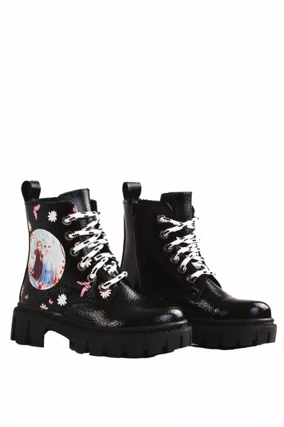 Frozen Elsa Girls Черный/Пудра и Серебристый мех Внутри Ботинки на толстой подошве и ботинки