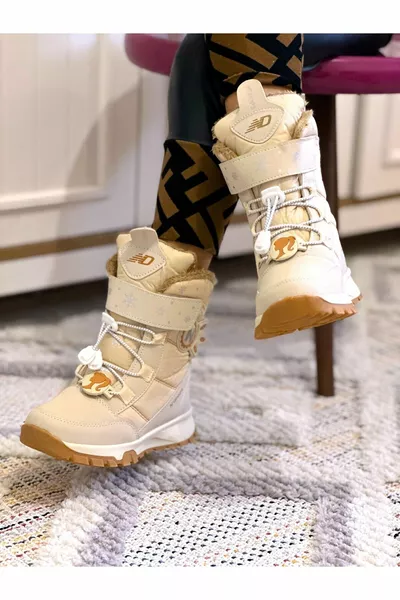 Kız Çocuk Botu Bej Taba Içi Kürklü Kaymaz Taban Bantlı Ortopedik Çocuk Kar Botu