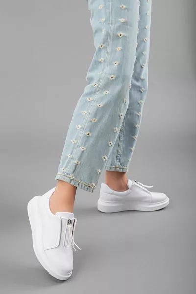 Dicke Sohle Haut Reißverschluss Weiße Damen Sneakers