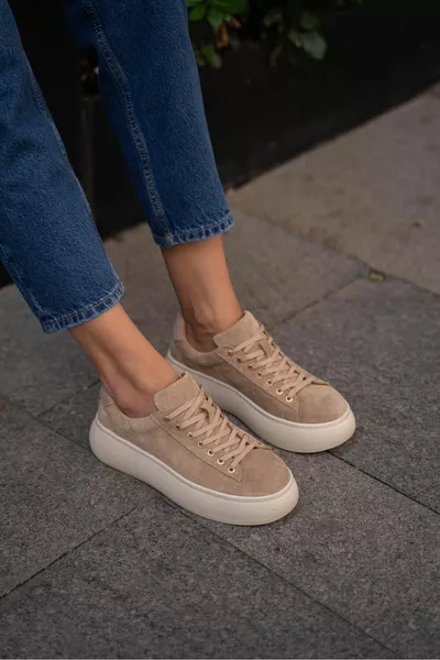 الفنلندي البيج جلد الغزال جلد طبيعي أحذية رياضية نسائية