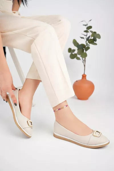  بيج نسائي مربع عارضة كبيرة الحجم باليه مسطحات - بيج - 