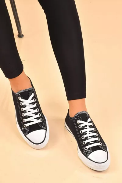 Femmes Noir Lin Lacets Casual Confortable Flexible Orthopédique Semelle Plate Tissu Chaussures Sneaker