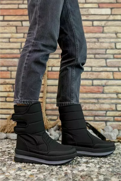 |Wintfest Women's Black In-Fur Non-Slip Thermal Sole Velcro Boots Casual Rain & Snow Boots