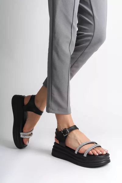 MokaShopin ZLOHE Sandali Donna Suola Ortopedica A Righe Pietra Fibbia Spessa ST Nero