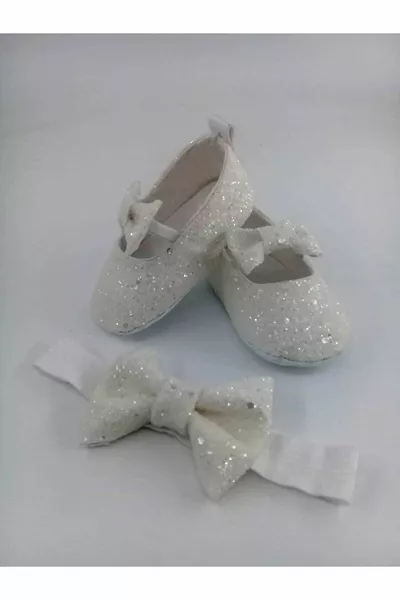 Mihrimah White Glitter Ballet Flat специален продукт с бебешки обувки и комплект бандана
