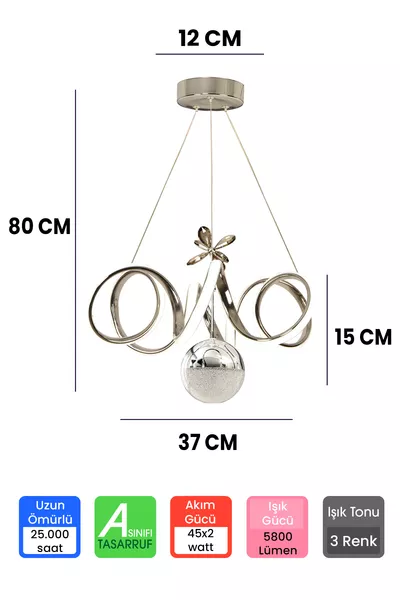 ثريا LED مع جهاز تحكم عن بعد بثلاث ألوان، كروم فضي، مع منظم إضاءة LED