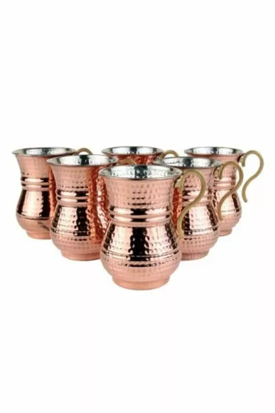 6er Handgehämmertes Nostalgisches Kupfer-Ayran-Glas 6er Set Handgehämmerte Kupfergläser