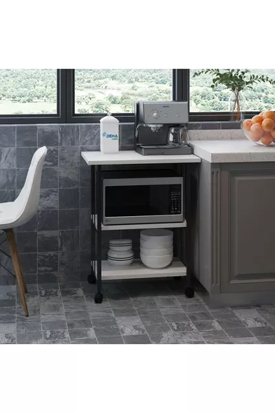 خزانة مطبخ متعددة الأغراض بعجلات وفرامل بثلاثة أرفف وطاولة