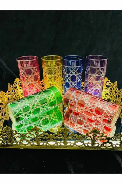 HANDGEFERTIGTES, BUNTES 6-TEILIGES KAHNGLASS MIT KRISTALLGESCHLIFFENEM MUSTER - NİHAVENT SERIE