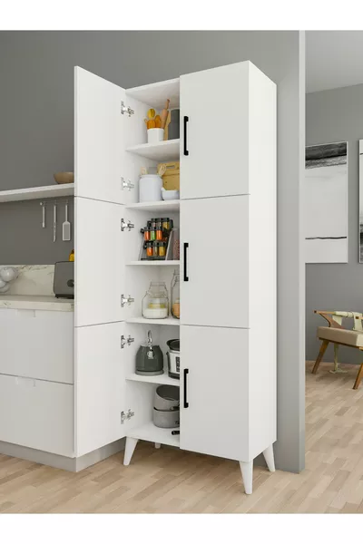 Çok Amaçlı Dolap Parlak Beyaz Kiler Mutfak Banyo Balkon Kapaklı Raflı Dolap