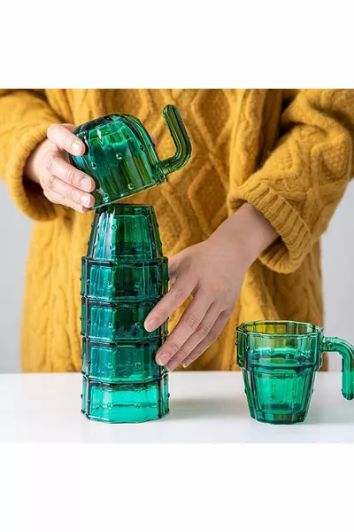Cactus-Shaped 6-Piece Premium Green Glass Cup and Goblet Set