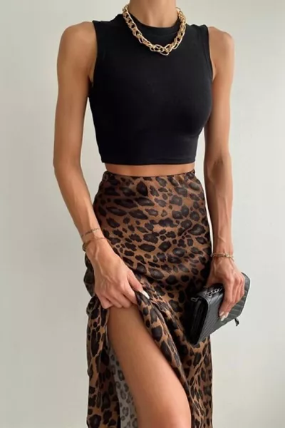 Leopard Print Viscose Satin Fabric Midi Length Brown Skirt