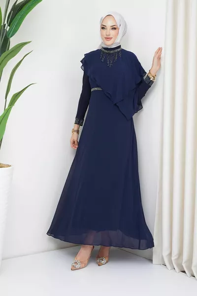 الحجر ودولاب الموازنة مفصلة الشيفون الحجاب مساء اللباس الأزرق الداكن 