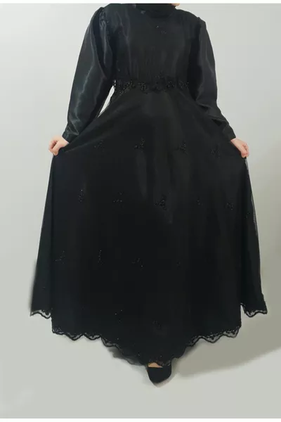  Дамска  черна мистериозна вечерна рокля от тюл