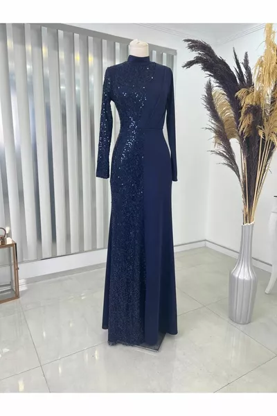 Pailletten Azalea Hijab Abendkleid Marineblau