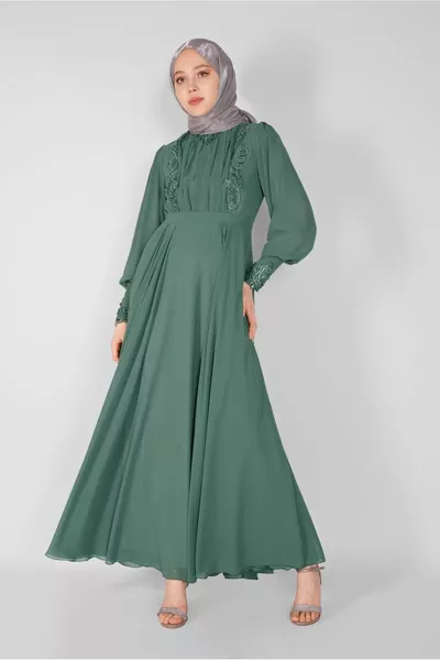 Женские зеленые (ÇAĞLA) вечерние платья с вышивкой бисером 