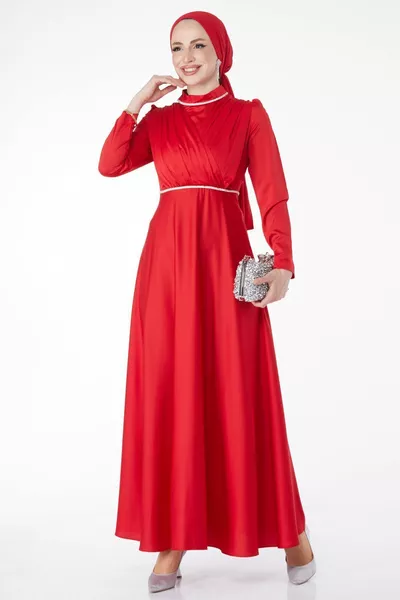 Abito da sera da donna con colletto dritto a pieghe rosso - 