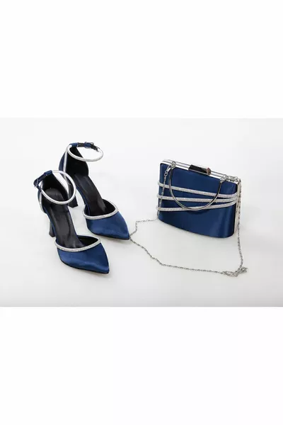 Дамски камък 9 см тъмносиня вечерна рокля Комбинация от обувки и чанта (вземете свой собствен размер)