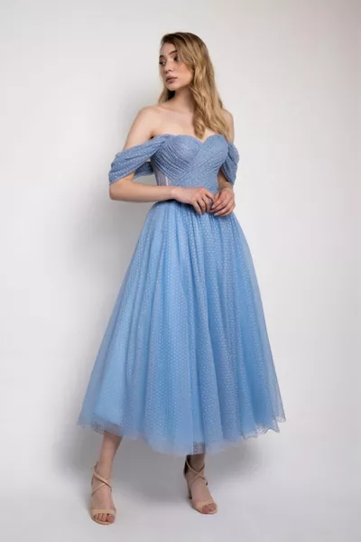 Women's Ice Blue Polka Dot Midi Length Evening Dress