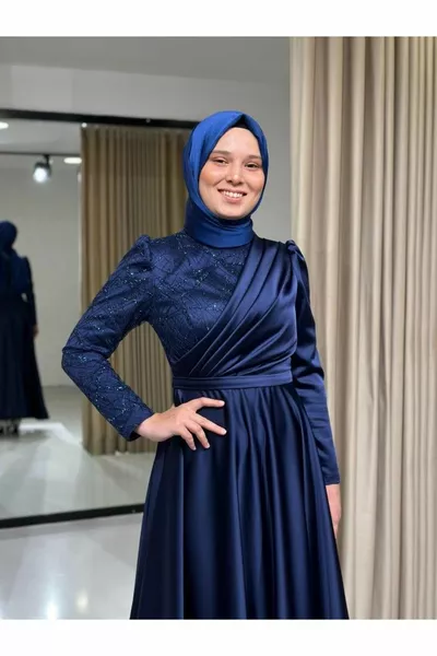 كحلي بلو ستارز المرأة الحجاب الساتان تنورة Kiloş ميدي طول الموسم الجديد مساء اللباس 