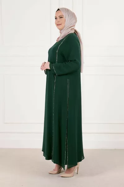 Голям размер хиджаб Пясъчен шифон с покритие от камък Вечерна рокля Изумруд