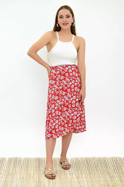  Dok.viscose patterned waist tie wrapover skirt red white