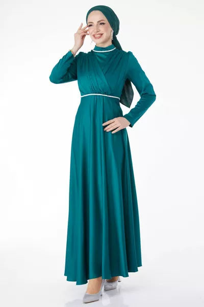 Gerader Richterausschnitt Damen Grün Plissee Detail Abendkleid - 