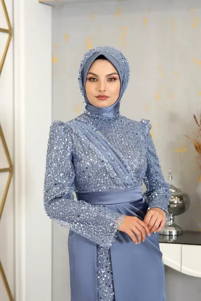 Sequined Draped Scheherazade Hijab Evening Dress Indigo