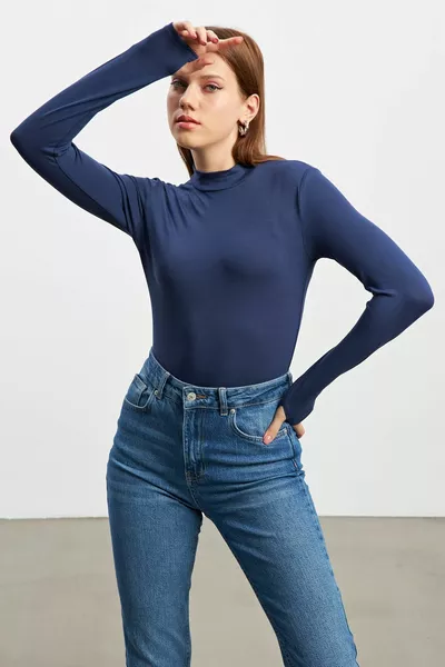 Women's Navy Blue Finger Detail Bodysuit