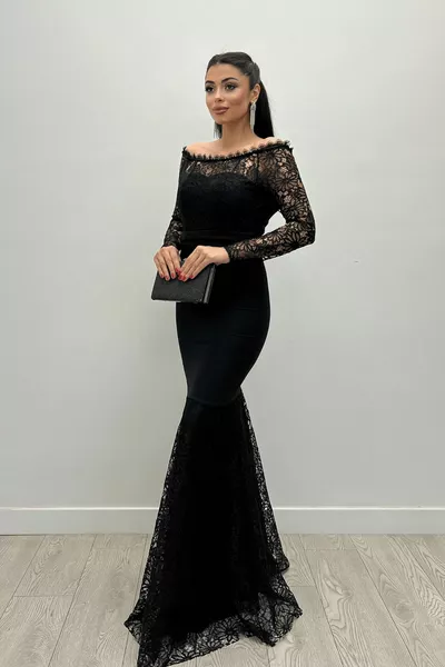 Top Guipure Lace Bottom Doppelstoff U-Boot Ausschnitt Abendkleid - Schwarz