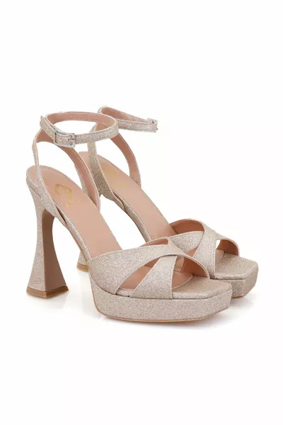 Nevio Gold Sandales de soirée à talons compensés pour femmes