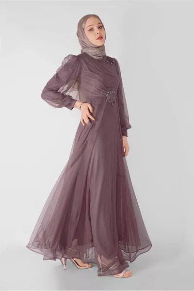 Women's Pink (ROSE) Embroidered Tulle Evening Dress 