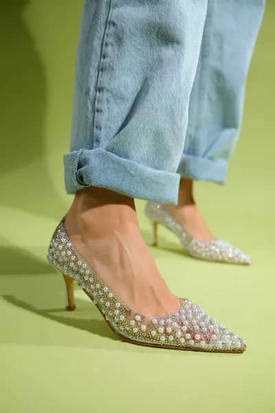 BEGIN Перламутровые жемчужные прозрачные женские вечерние платья на тонком каблуке