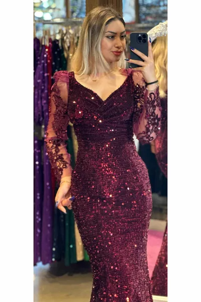 المرأة طويلة الأكمام الخامس الرقبة الترتر ضيق صالح مساء اللباس الكرز 