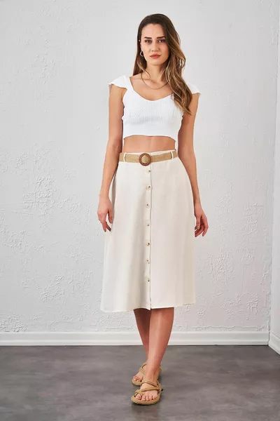 Женская натуральная льняная юбка на пуговицах спереди с соломенным поясом