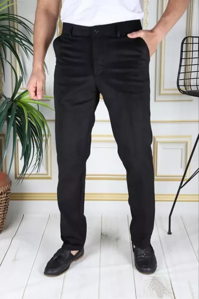Black Polar Velvet Pants Stretch Thick Corduroy Classic Relaxed Fit Side Pockets Phantom Jeans