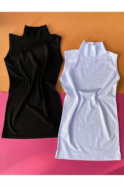 Kurzarmiger Damen-Top aus Baumwolle mit Rollkragen, 2er-Set in Schwarz und Weiß