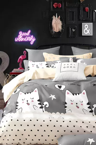 Комплект спално бельо с чаршаф с ластик Едноспален Сив с милите котенца